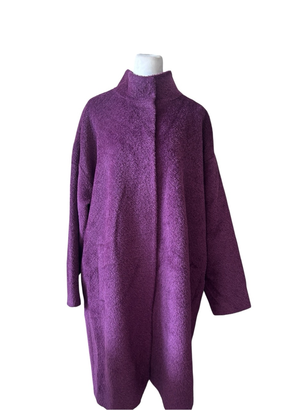 Eileen Fisher Purple Textured Bouclé Long Coat High Collar Size Large